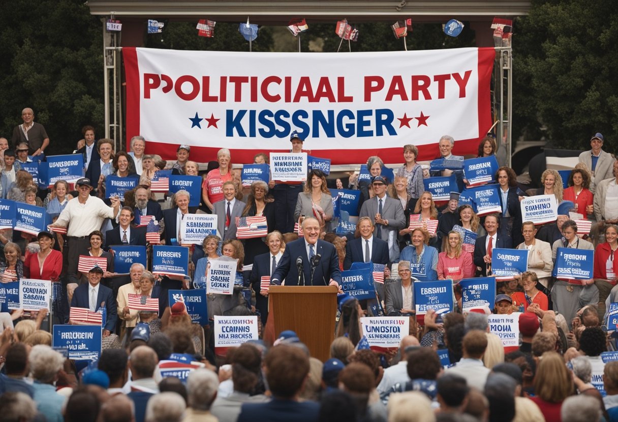 A podium with "Curt Kissinger" and "Political Party" banners, surrounded by cheering crowd and campaign signs