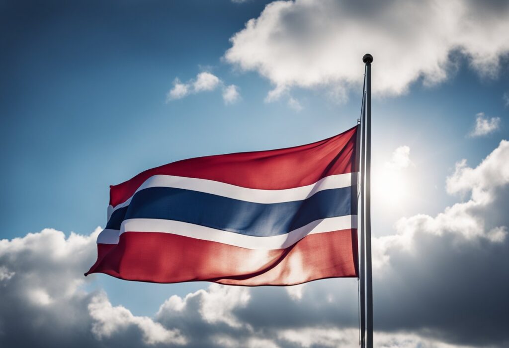 The Norway flag, also known as the "Norway flag," is a red, white, and blue flag with a distinct cross design