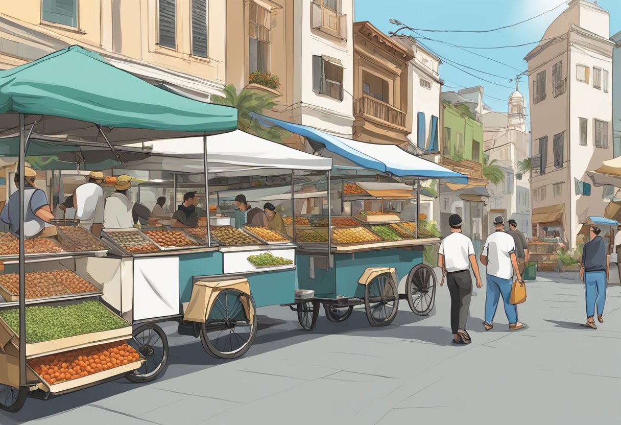 Trout and date food carts line the bustling street. A variety of fresh seafood and sweet dates are displayed on the carts