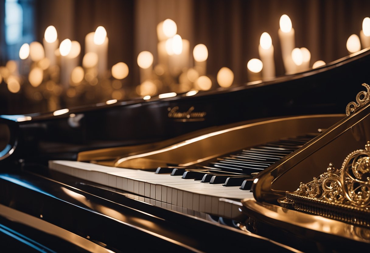 Elegant instruments and sheet music on a grand piano, surrounded by flickering candlelight and ornate decor