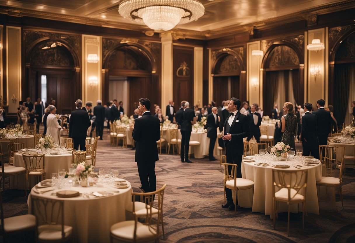 Polite society gathering in a grand ballroom, with elegant decor and well-dressed attendees mingling and conversing