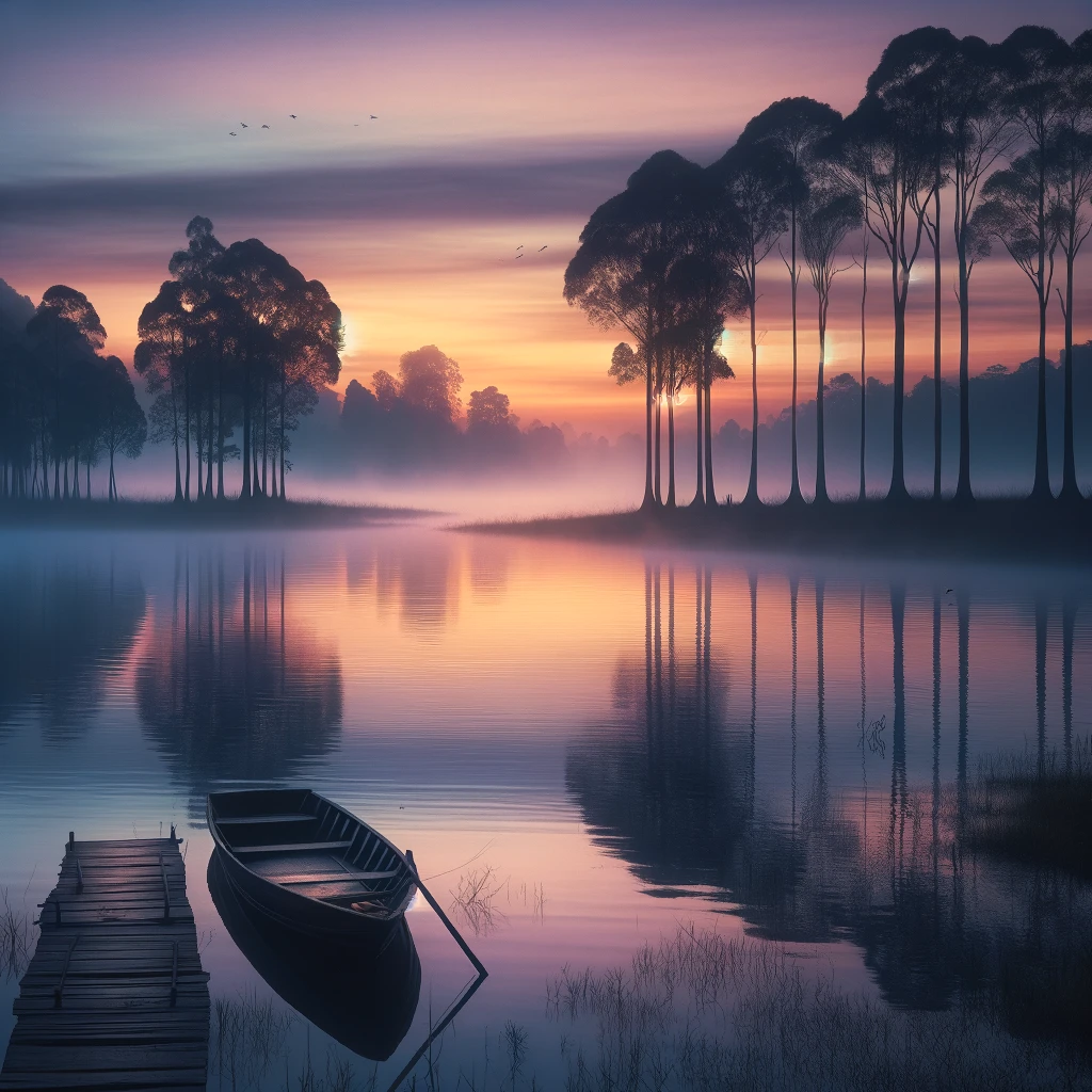DALL·E 2024 02 06 05.34.22 A serene landscape at dawn featuring a wide calm river that reflects the soft pastel colors of the sunrise. Tall shadowy trees line the riverbanks