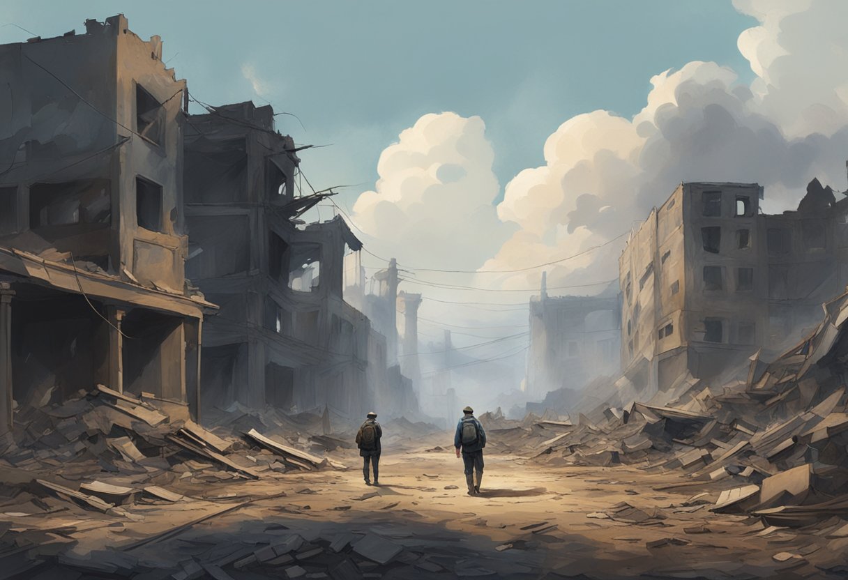 The scene is a desolate landscape, with crumbling buildings and debris scattered across the ground. The sky is filled with smoke and the air is heavy with a sense of despair and silence