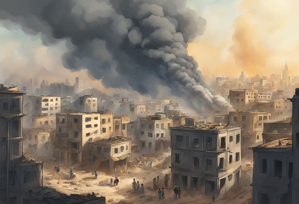 A devastated city skyline with smoke rising from buildings, while people flee and seek shelter in the midst of the Gaza conflict