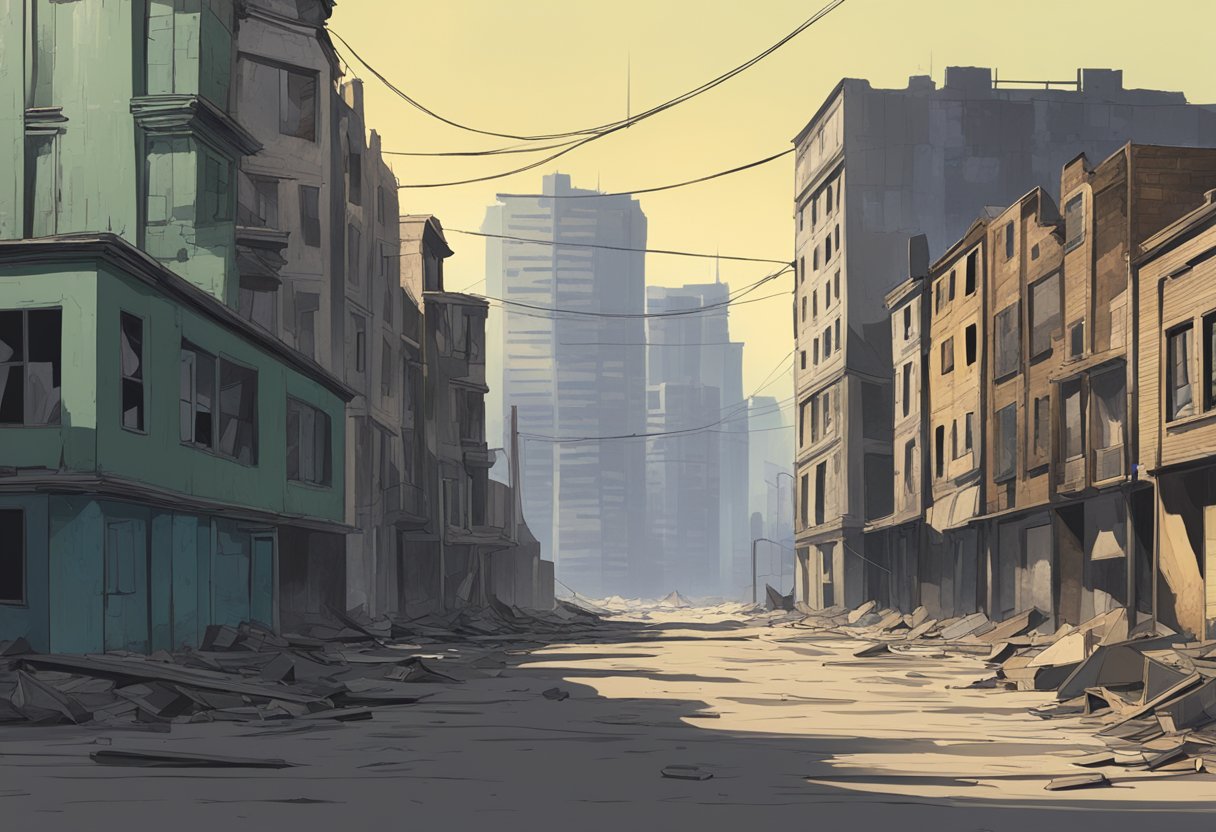 A desolate city skyline with abandoned buildings, empty streets, and a looming shadow of conflict