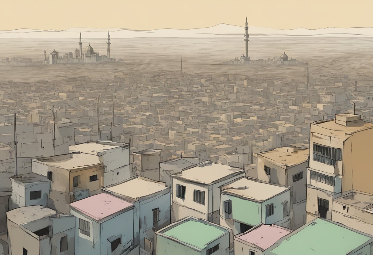 A desolate Gaza skyline overlooked by a world map with muted figures and closed mouths