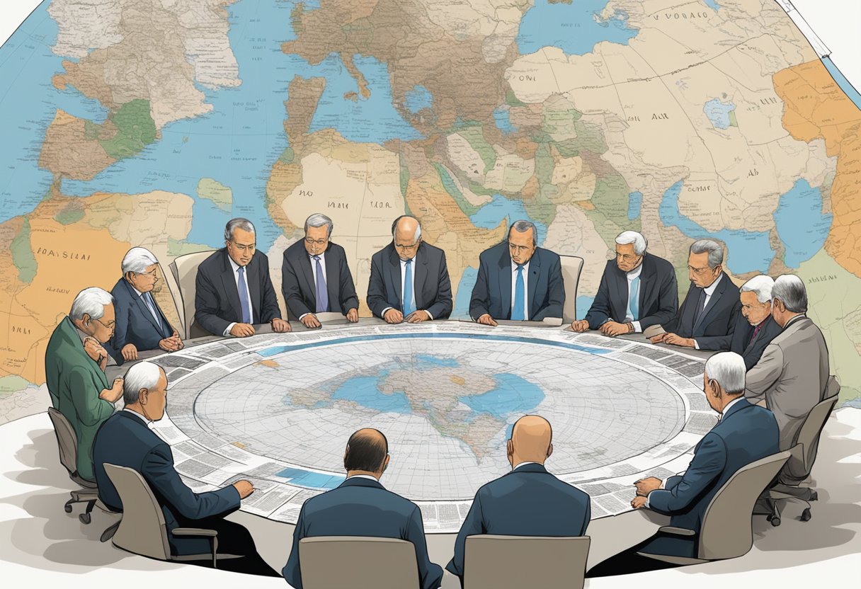 World leaders sit at a round table, heads bowed, as a map of Gaza looms large on a screen. Newspapers lay unopened, their headlines screaming silence