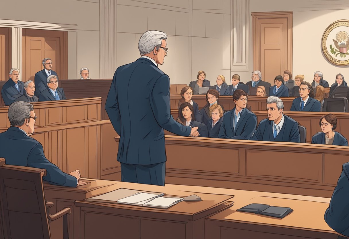 A courtroom with a judge presiding over a case, lawyers presenting arguments, and a jury listening attentively. The atmosphere is tense and serious