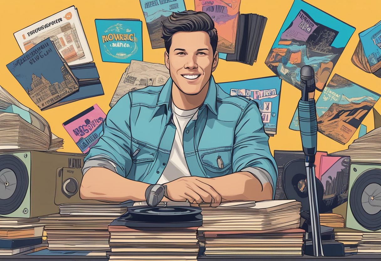 A stack of vinyl records and books with "Theo Von" on the cover, surrounded by a microphone and comedy club flyers