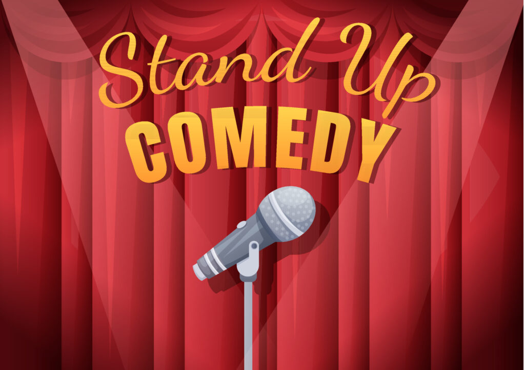 stand up comedy show theater scene with red curtains and open microphone to comedian performing on stage in flat style cartoon illustration vector
